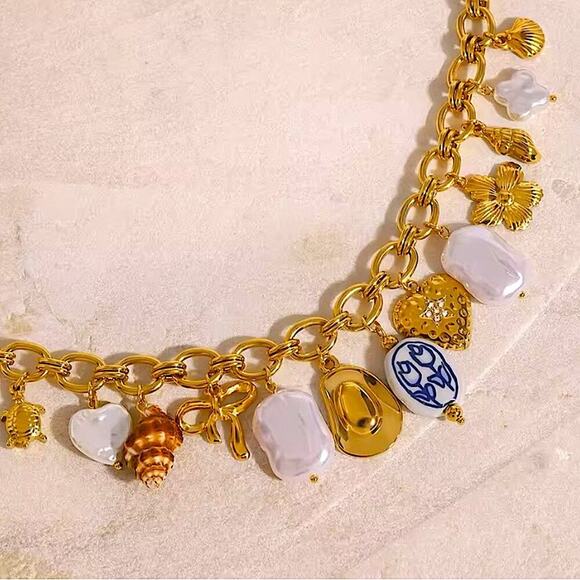 Stainless Steel Vintage Charm Necklace Gold Plated choker Multi-charm Shell S… - Picture 3 of 5